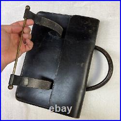 Vintage European Handmade Leather Slim Music Bag Single Handle Metal Bar Stamped