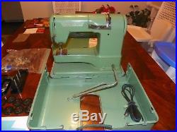 Vintage Green Elna Supermatic Sewing Machine with accessories Hard Carrying Case