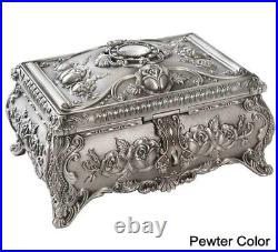 Vintage Jewelry Box 2 Layers Metal Art Craft Flower Carved Stone Decor Gift