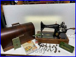 Vintage Singer 99 Cast Iron Hand Crank Sewing Machine & Wooden Carry Case