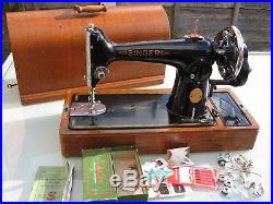 Vintage Singer Sewing Machine 201k Hand Cranked Oak Domed Carry Case Heavy Duty