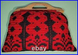 Wood Handle Victorian Style Yarn Bag Red & Black Crochet Knit Purse 50s Handbag