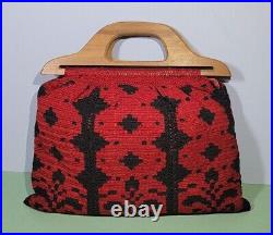 Wood Handle Victorian Style Yarn Bag Red & Black Crochet Knit Purse 50s Handbag