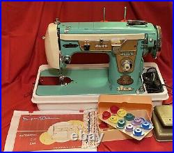 Working Vintage Gimbels Aqua Zigzag Sewing Machine W Foot Pedal, Cams Carry Case