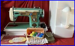 Working Vintage Gimbels Aqua Zigzag Sewing Machine W Foot Pedal, Cams Carry Case